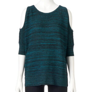 Apt. 9 Teal Green Metallic Cold-Shoulder Knit Sweater Top Size Womens Large